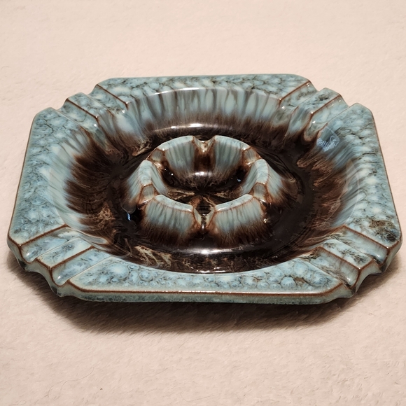 Mid-Century Modern Drip Glaze Ceramic Ashtray Blue and Brown 7 1/8" across - Picture 2 of 15